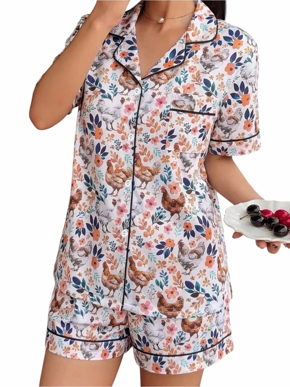 Cottagecore Chicken Print Pajama Set • NWT Cozy Farmhouse Short PJ Set L